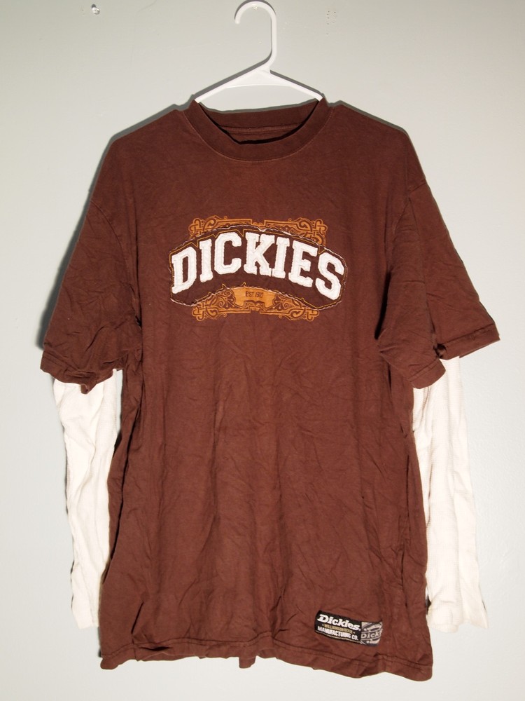 Men’s Brown & White Dickies 2-In-1 Layered Long Sleeve T-Shirt Size XL