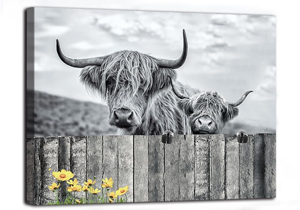 Highland Cow Wall Art Black and White Canvas Print Highland Cow Picture Wall ...