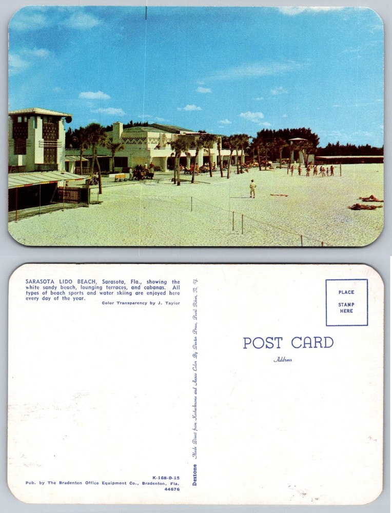Sarasota Lido Beach Florida Vintage Dextone Postcard Cabanas Palm Trees 1950s