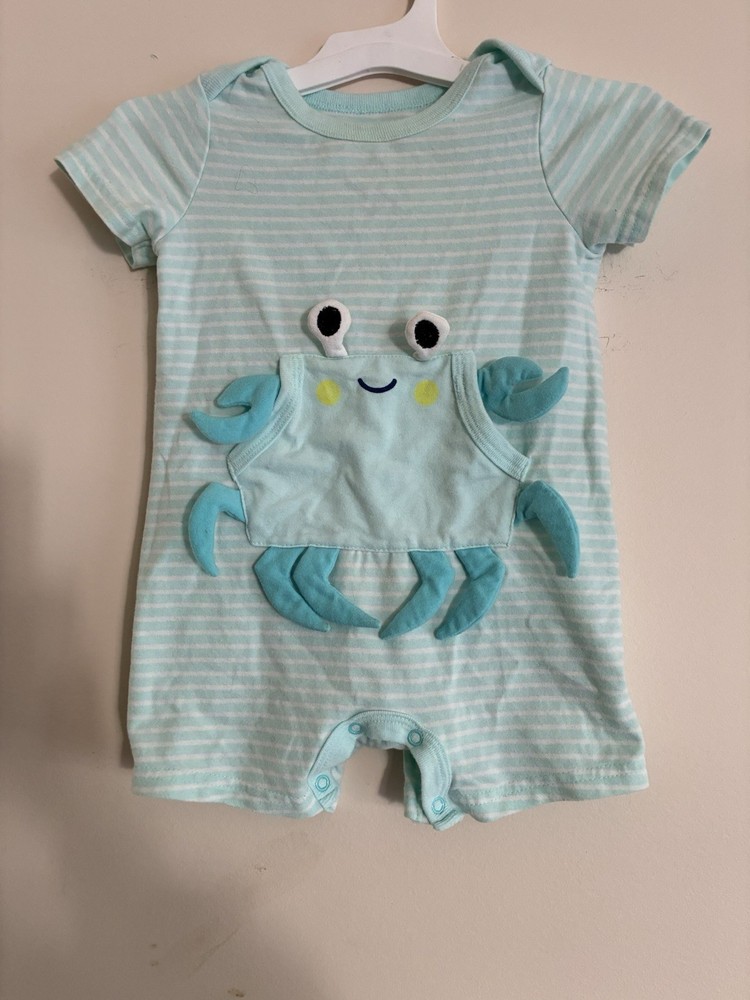 Cat & Jack Baby Boy Cute Crab Striped Cotton Short Sleeve Romper Lt Blue 6M-9M
