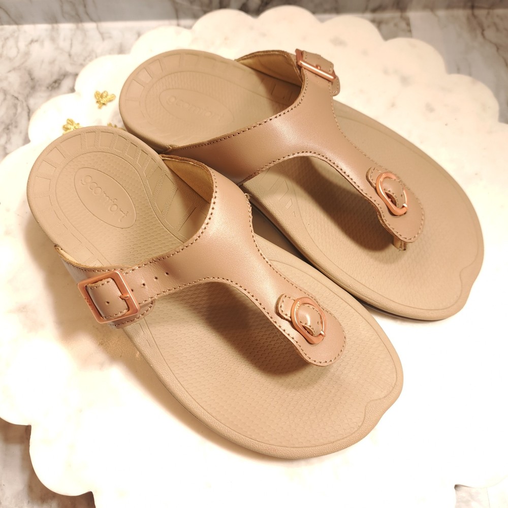 Gcomfort Womens Beige Rose Gold Leather Sandals Size 9 Adjustable Buckle Flats