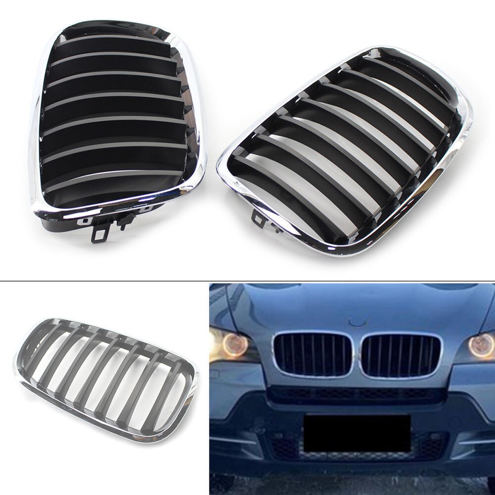 FOR BMW X5 X6 E70 E71 2008-2013 Chrome Frame Shiny Black Slat Grill Car Grille