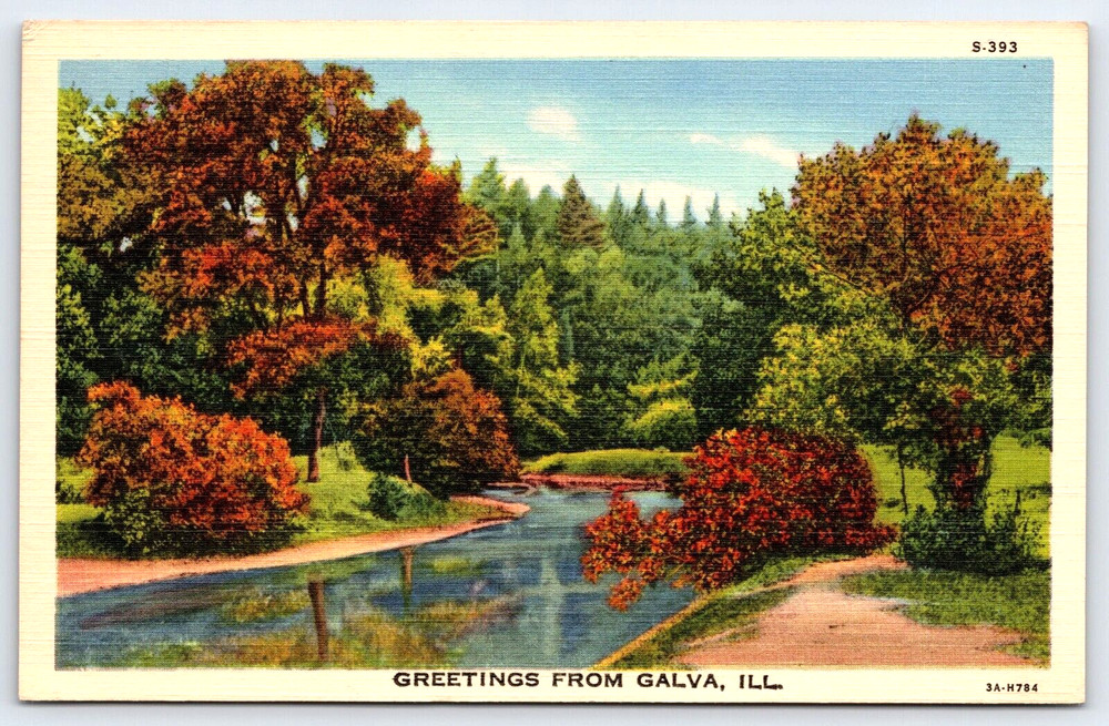 Vintage Postcard Old Outdoor Image River Water Fall Trees Galva Illinois Usa
