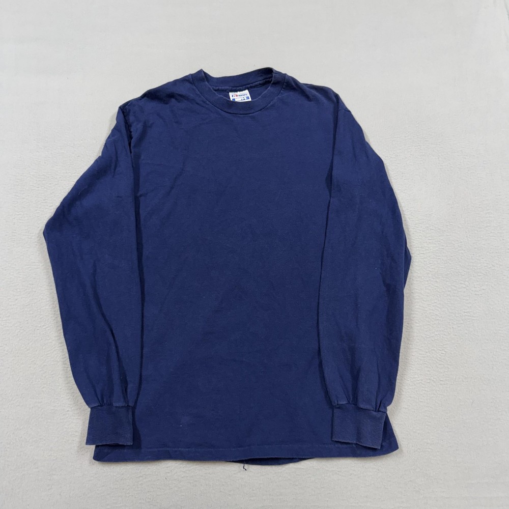 Vintage Hanes Shirt Mens Large Blue Long Sleeve Beefy-T Blank Made USA
