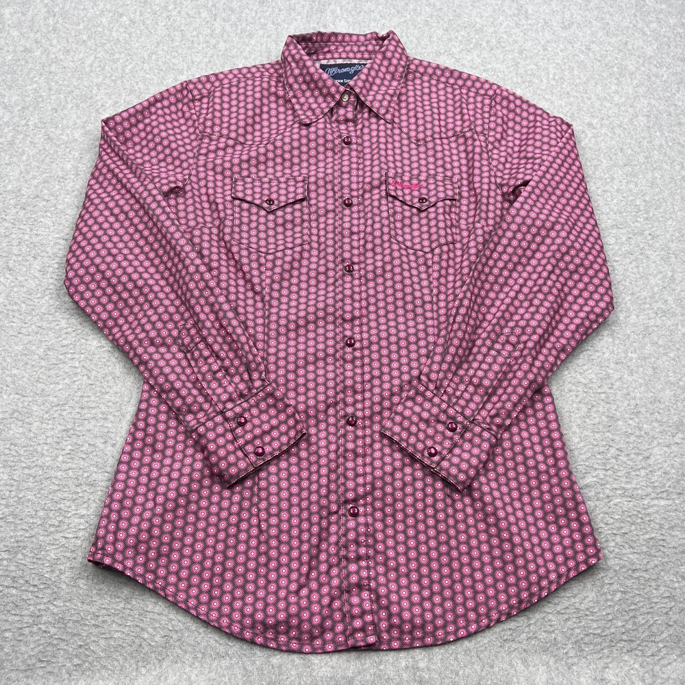 Wrangler Pearl Snap Shirt Women's Small Pink Floral Graphic Western Cowgirl Top