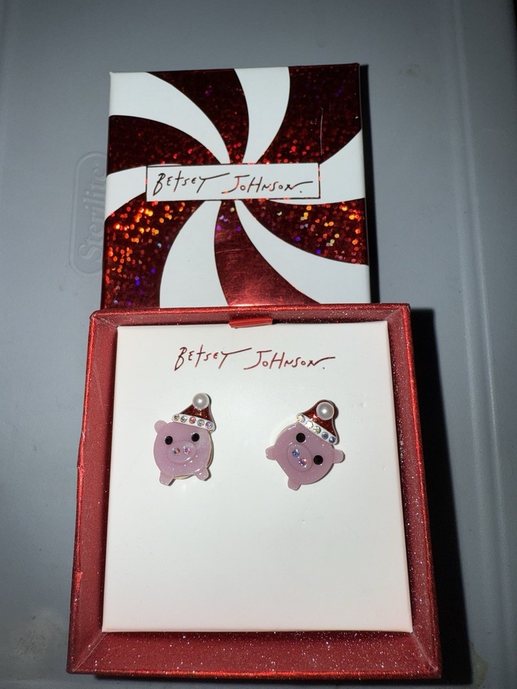 Betsey Johnson Pink Pig Santa Hat Stud Earrings Pearl Accent Christmas NEW-image