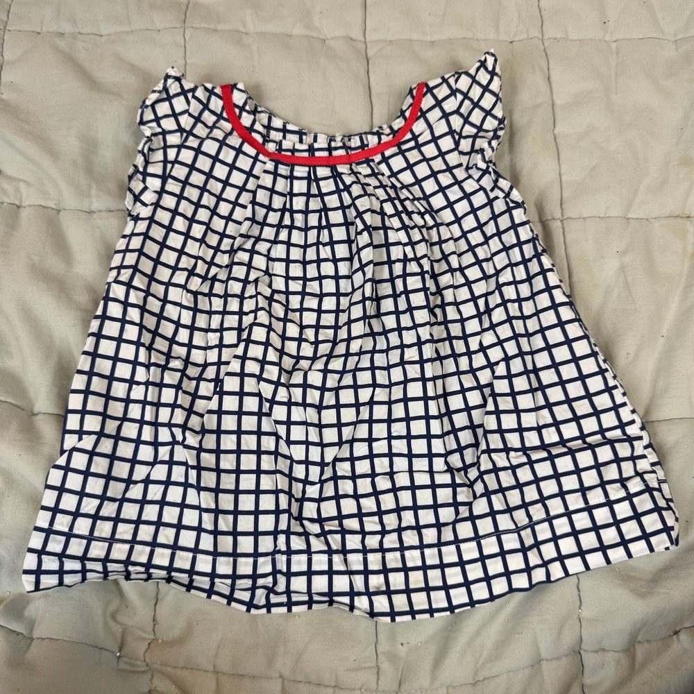 Jacadi Blue White Windowpane Plaid Pleated Top Blouse Flutter Sleeve Girls 3 3T