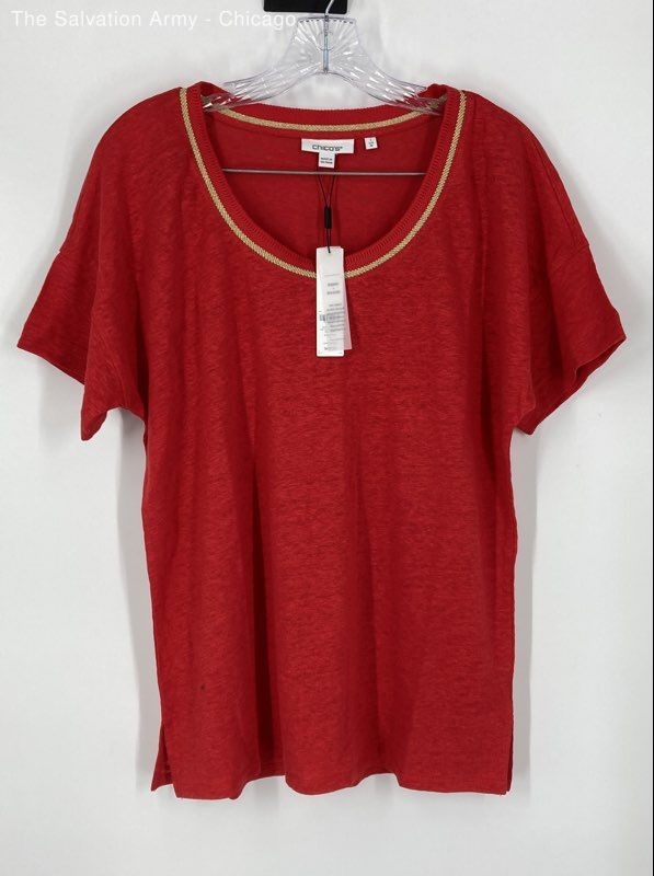 Chico's Womens Red Linen Knit Short Sleeve Round Neck T-Shirt Size Medium