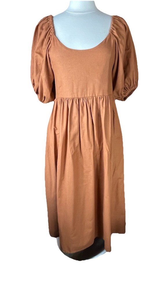 ELF (Sz XL) Midi Dress Cherie Puff Sleeve Linen Rust Smocked Handmade In Bali