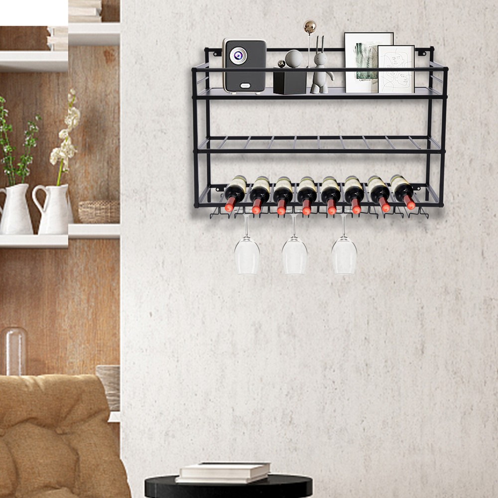 New Wine Rack Wall Mounted Metal Wine Shelf with Bottle Stemware Glass Holder