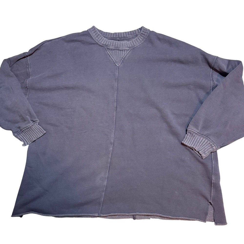 Aerie Oversized V Neck Distressed Hem Sweatshirt Pullover Blue Women's M