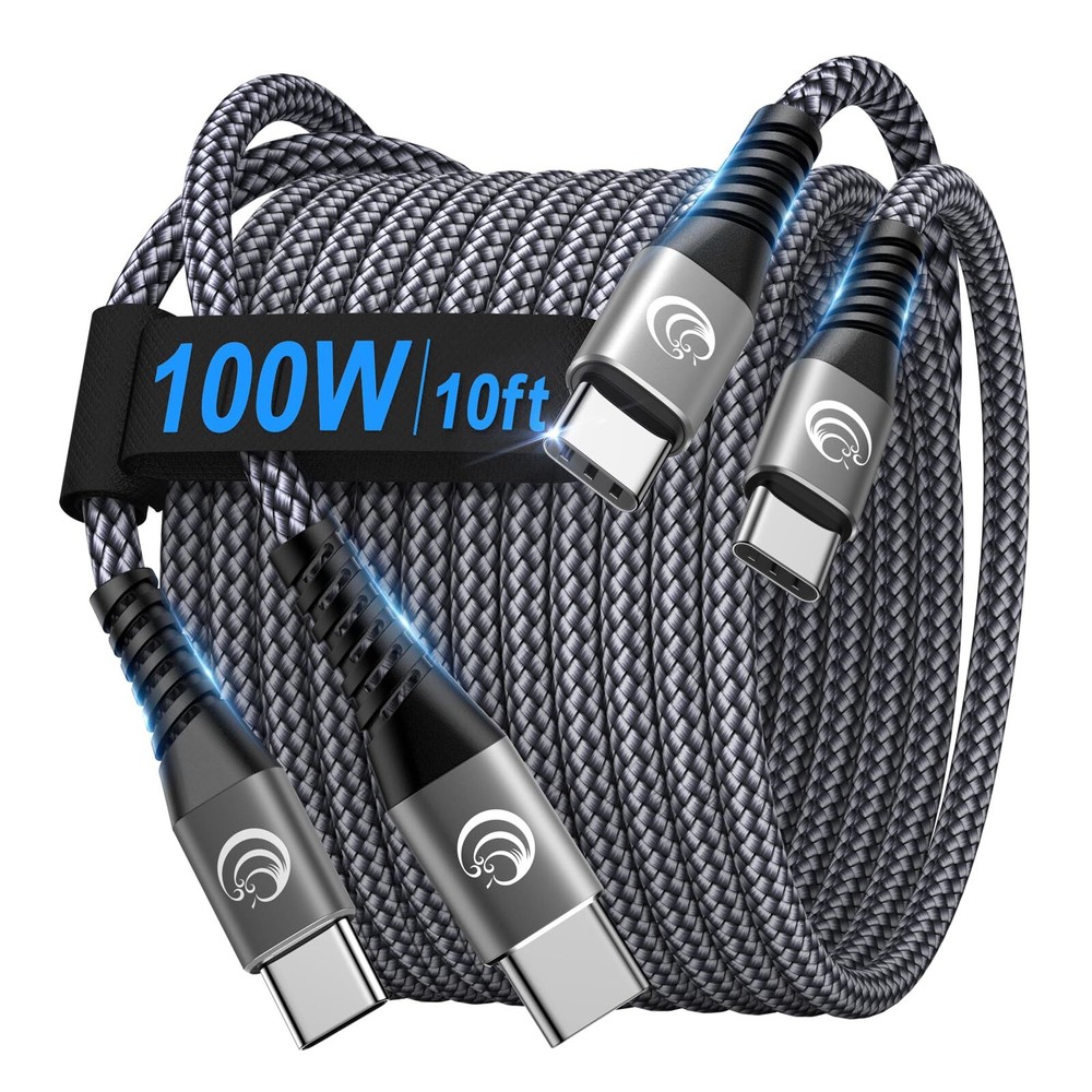 100W 10ft USB-C Fast Charging Cable 2-Pack Braided Durable
