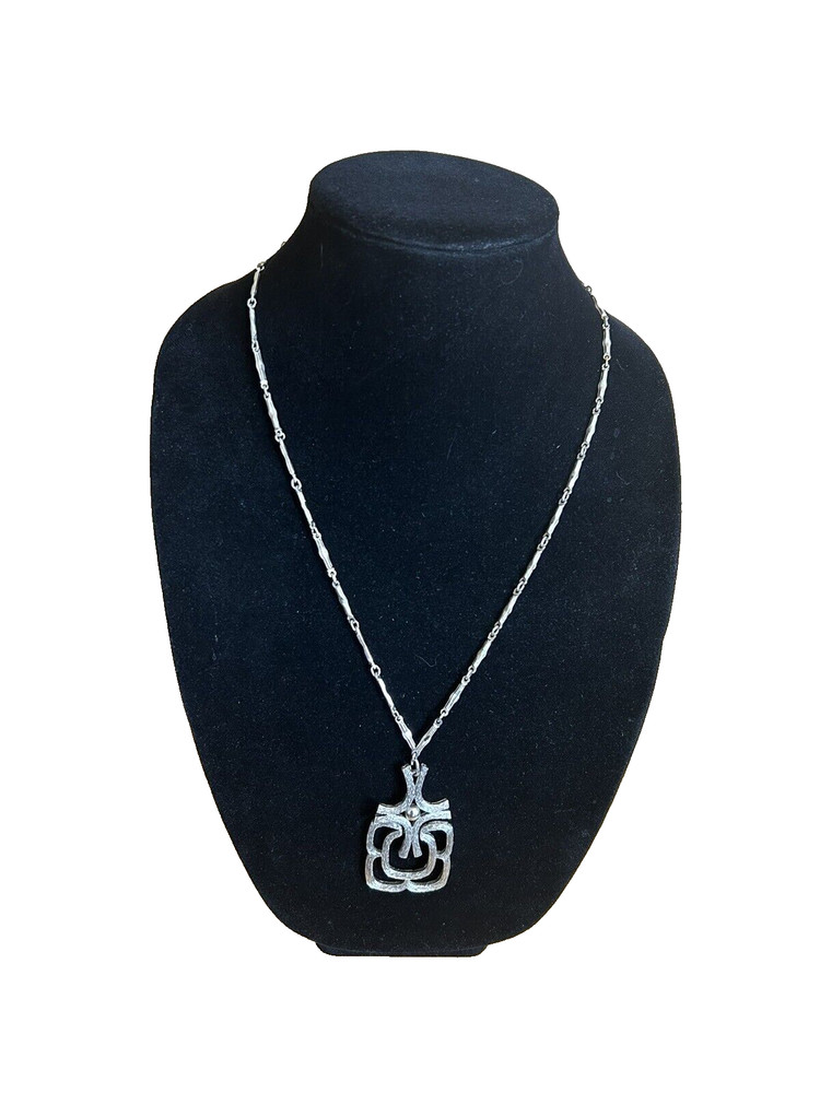 Vintage Avon Mayan Pendant Necklace Silver Tone Statement 1970