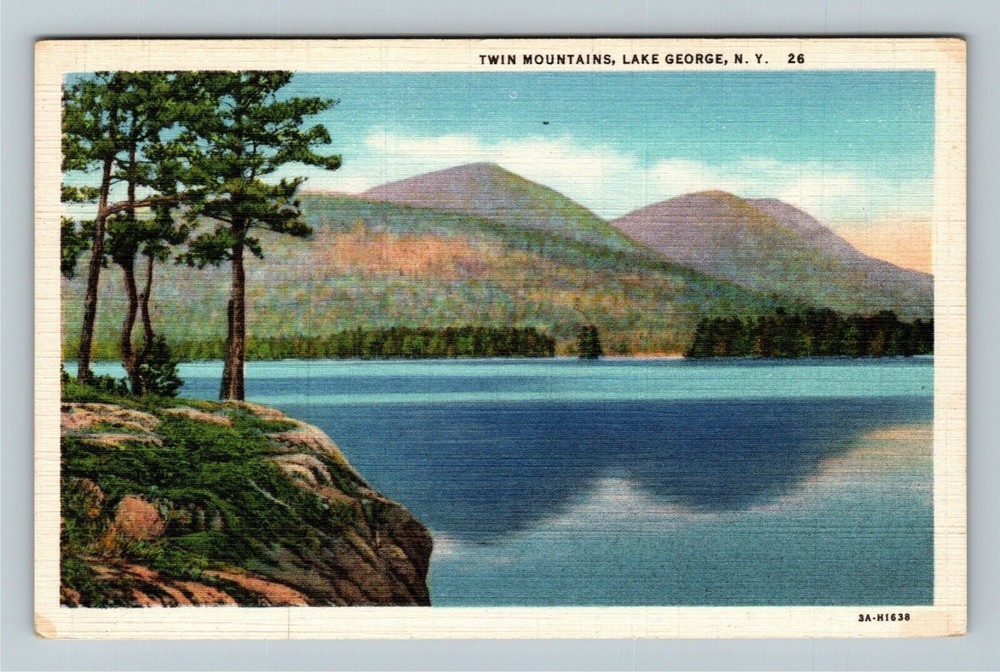 Lake George NY-New York, Twin Mountains Vintage Souvenir Postcard