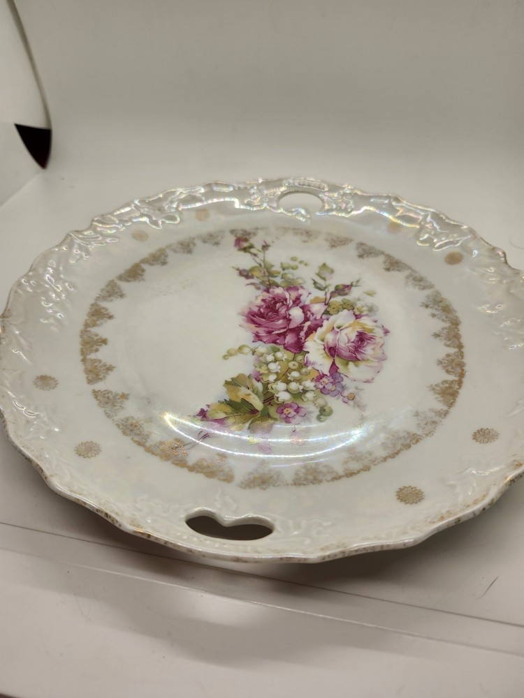 Antique CAKE PLATE - PINK PEACH ROSES THREE CROWN CHINA Germany Porcelain VTG