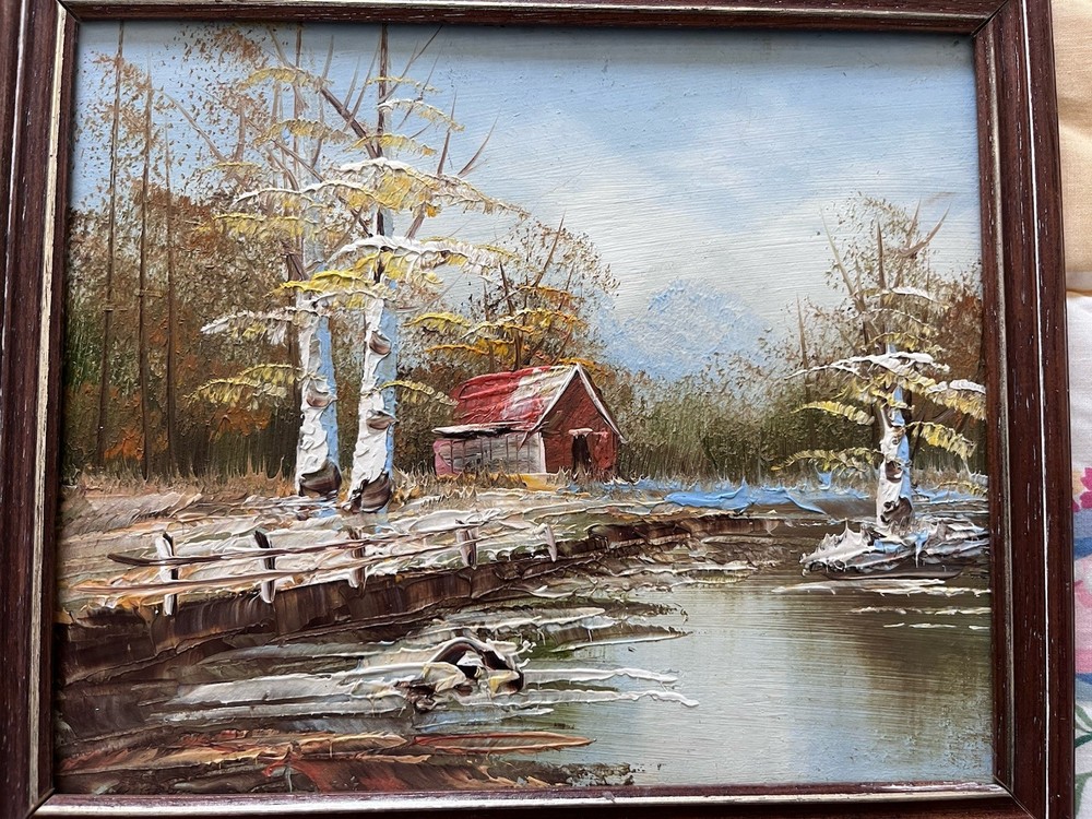 VTG Oil Picture Hand Painted Art Framed Rustic Red Barn Pond  10x9