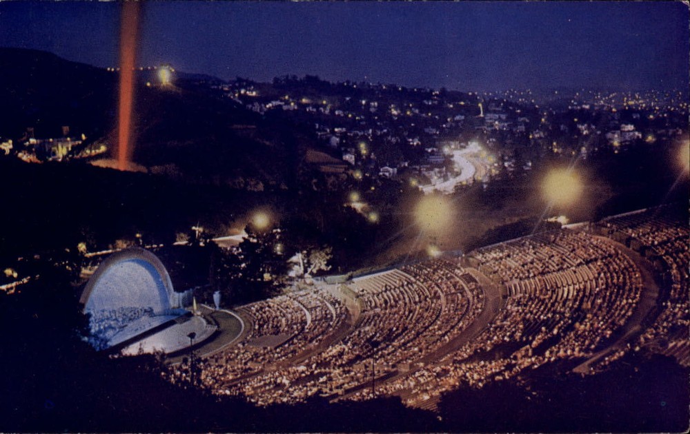 California Hollywood Bowl at night lights ~ 1950s-60s vintage postcard sku001