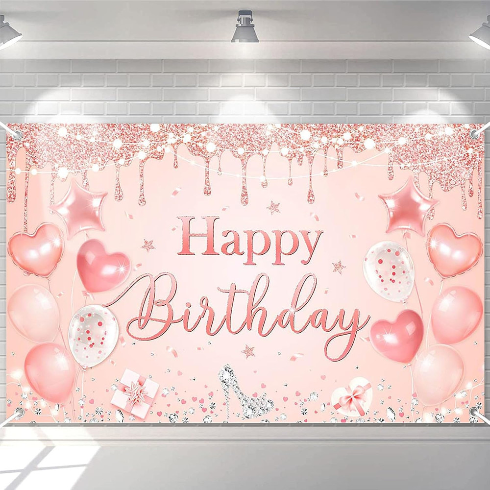 Happy Birthday Banner for Women and Girls Pink and Rose Gold Birthday Party Deco