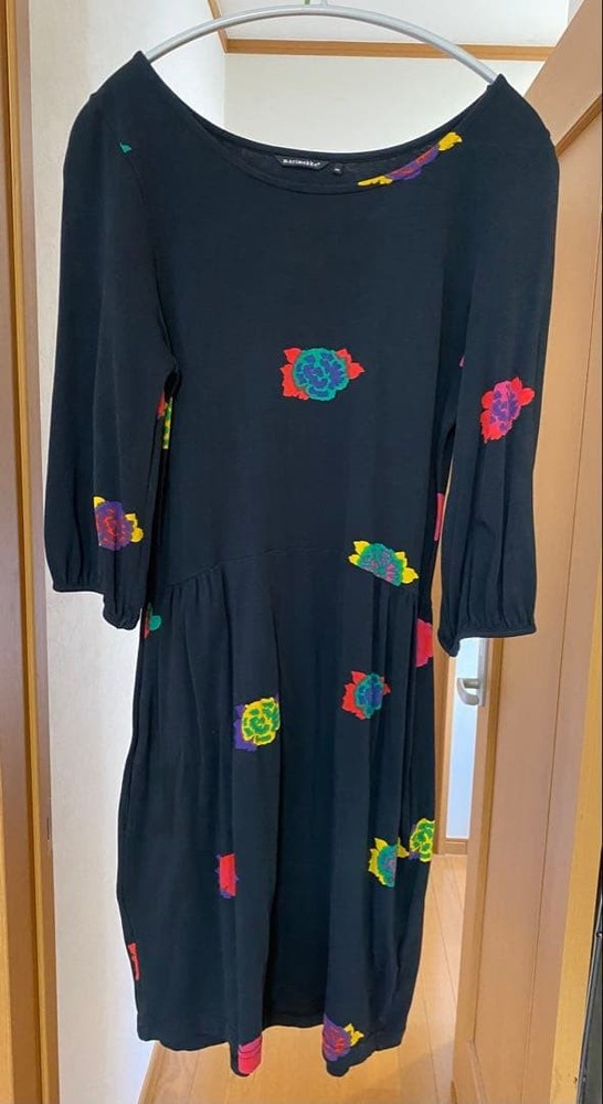 Marimekko Floral Tunic Dress XS Black Cotton 3/4 Sleeve Pocket