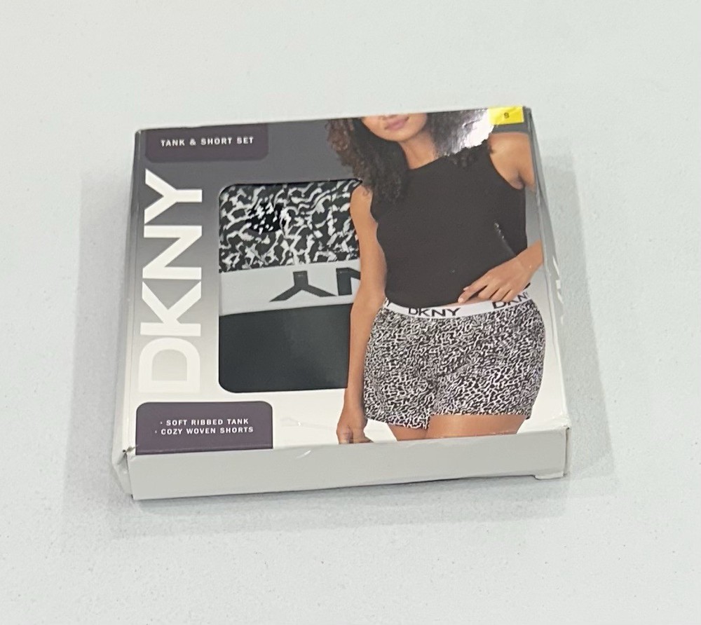 DKNY Women's Soft Ribbed Tank & Cozy Woven Short Set, Black/White, Size S