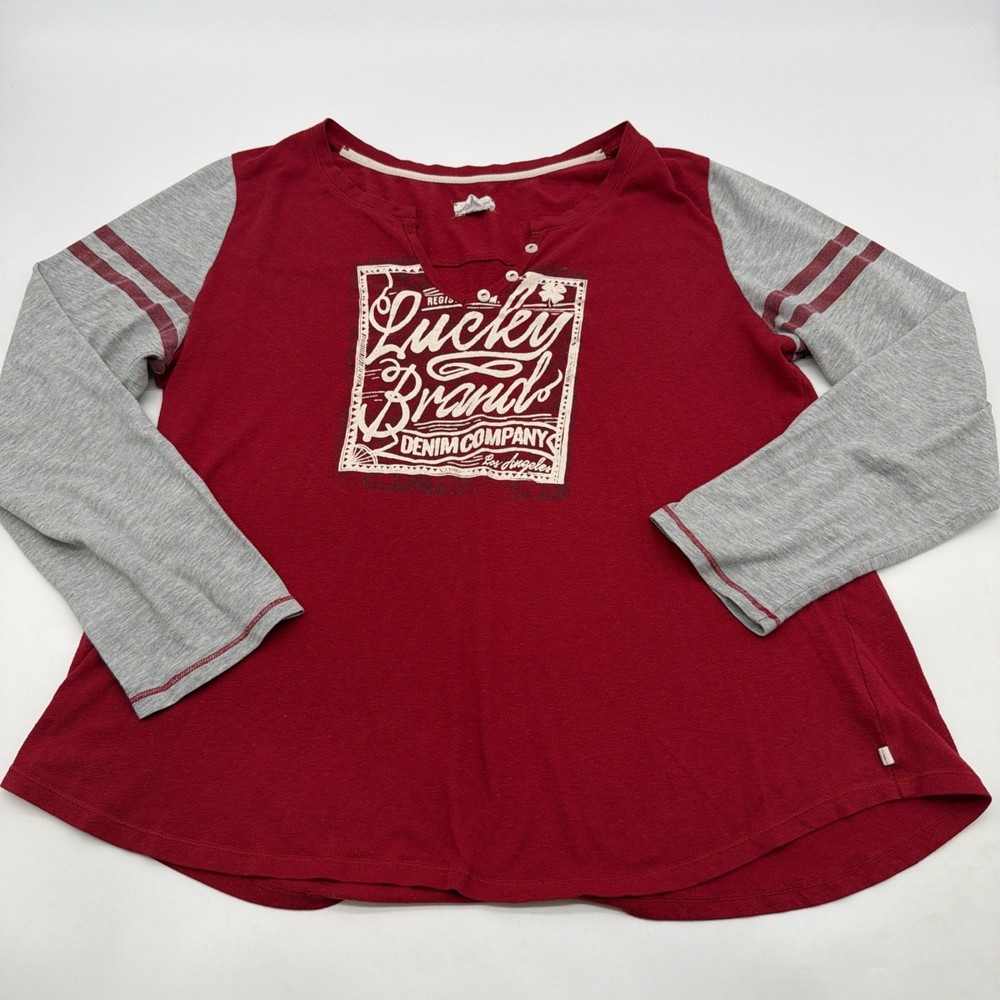 Lucky Brand Sweatshirt Women XL Red & Gray Graphic Print Logo V-Neck.#44647