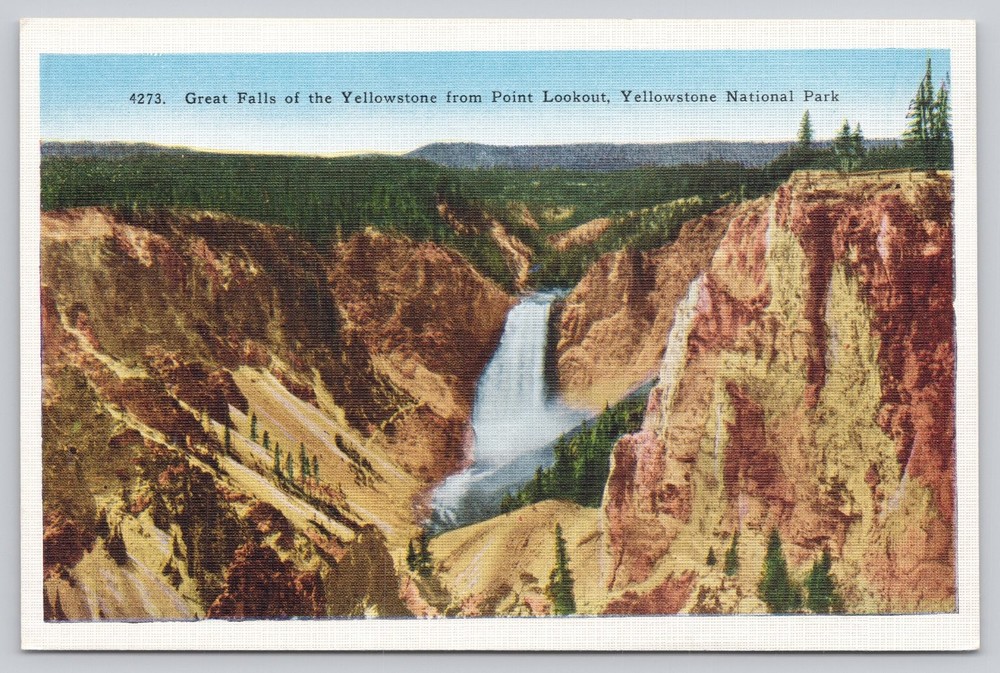 Vintage Yellowstone National Park Great Falls Point Lookout Postcard 1940