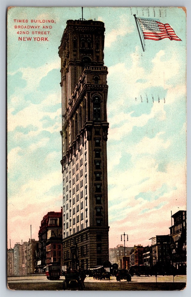 Times Building Broadway & 42nd St Old Cars Trolley NYC NY 1908 DB Postcard M7