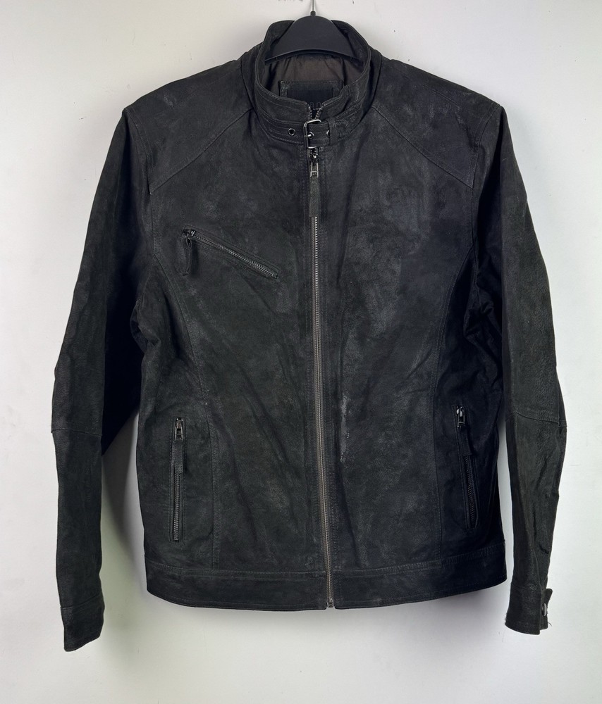 REAL SUEDE LEATHER BIKER JACKET Size Medium Men`s Black Cafe Racer