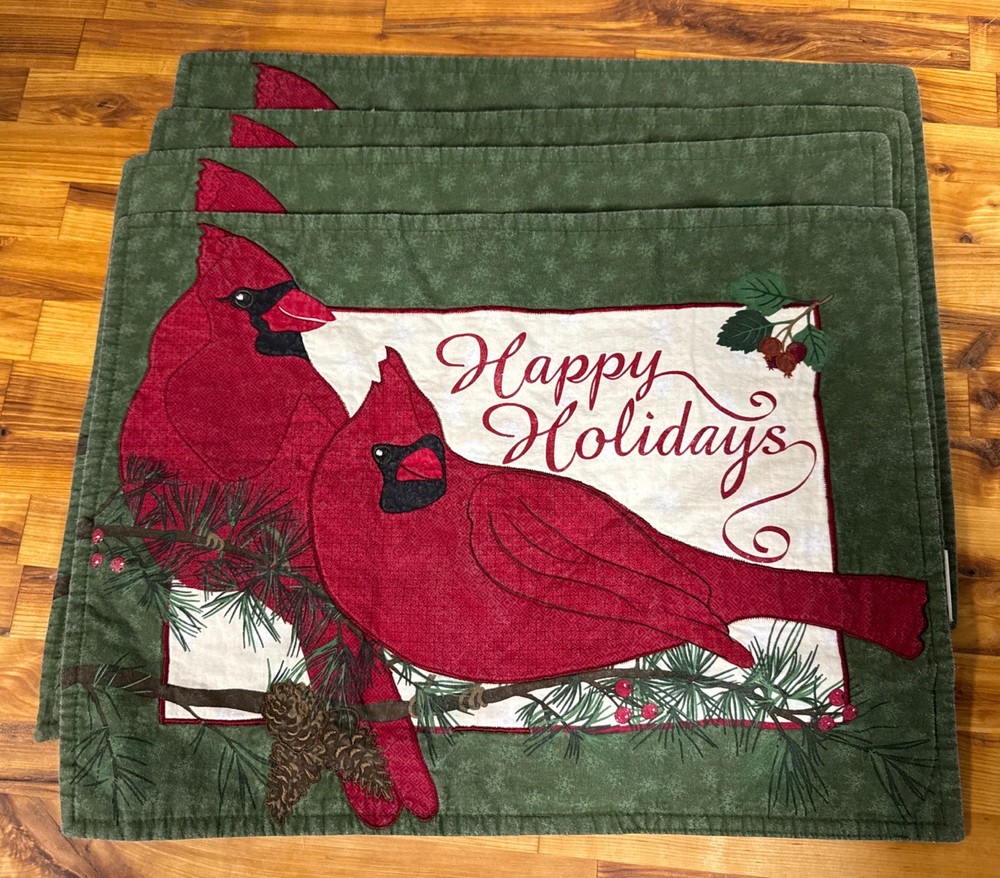 St. Nicholas Square Quilted Placemats Christmas Happy Holidays Cardinal Set of 4