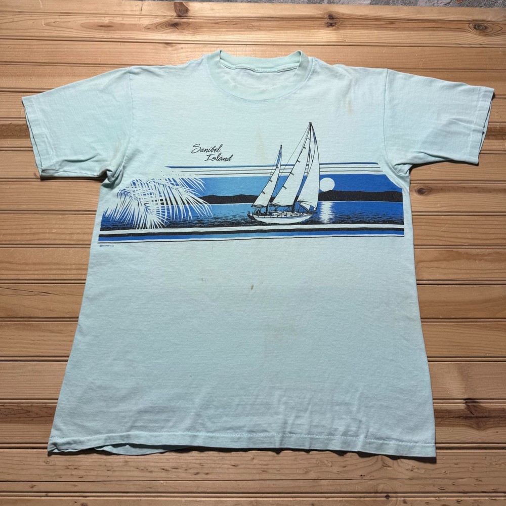 Vintage 80s 1987 Sanibel Island Florida Sailboat Moon Beach T-Shirt - Size Large