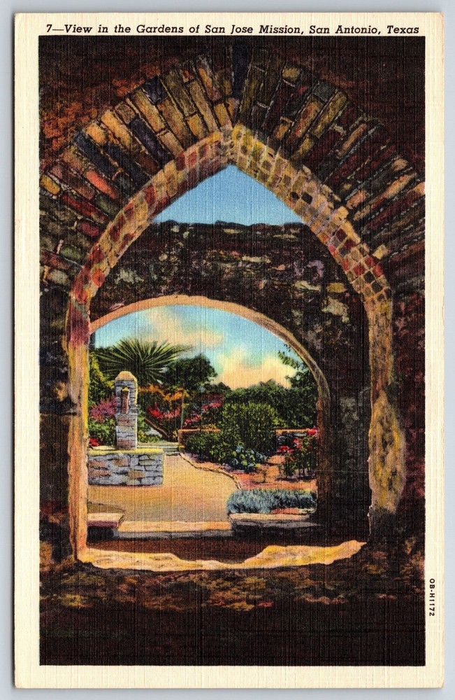 San Antonio Texas~View In Gardens Of San Jose Mission~Vintage Linen Postcard