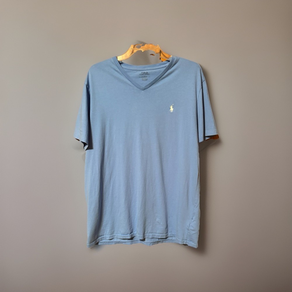 Polo Ralph Lauren Men's Blue V-Neck Logo Short Sleeve Cotton T-Shirt Size L
