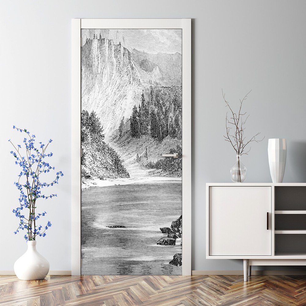 Hand Drawn Mountains Forest Highlands Wildland Door Decal Sticker