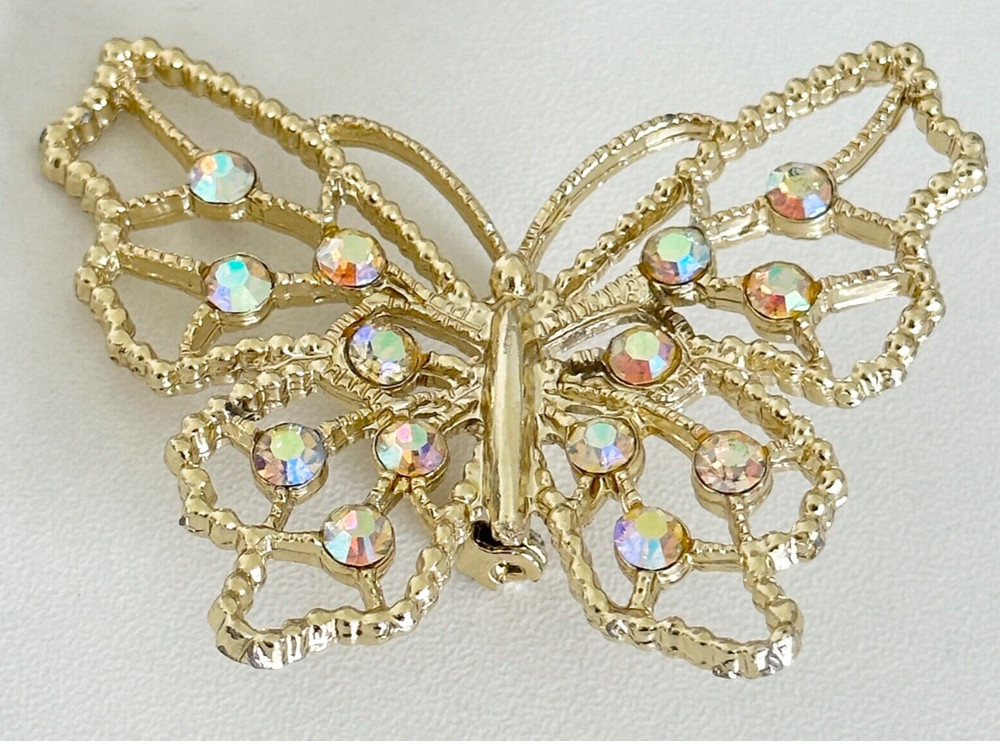 Vintage Aurora Borealis AB Rhinestone Gold Tone Large Butterfly Brooch Pin