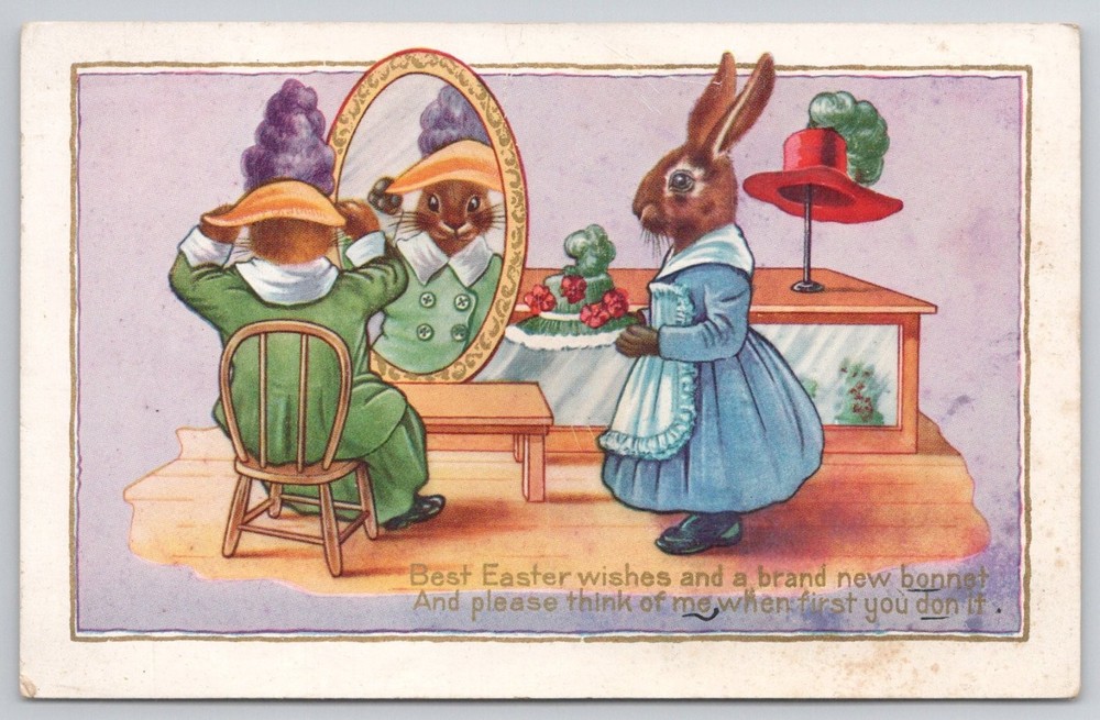 Vintage Easter Rabbits Bonnet Whitney Made Anthropomorphic Postcard
