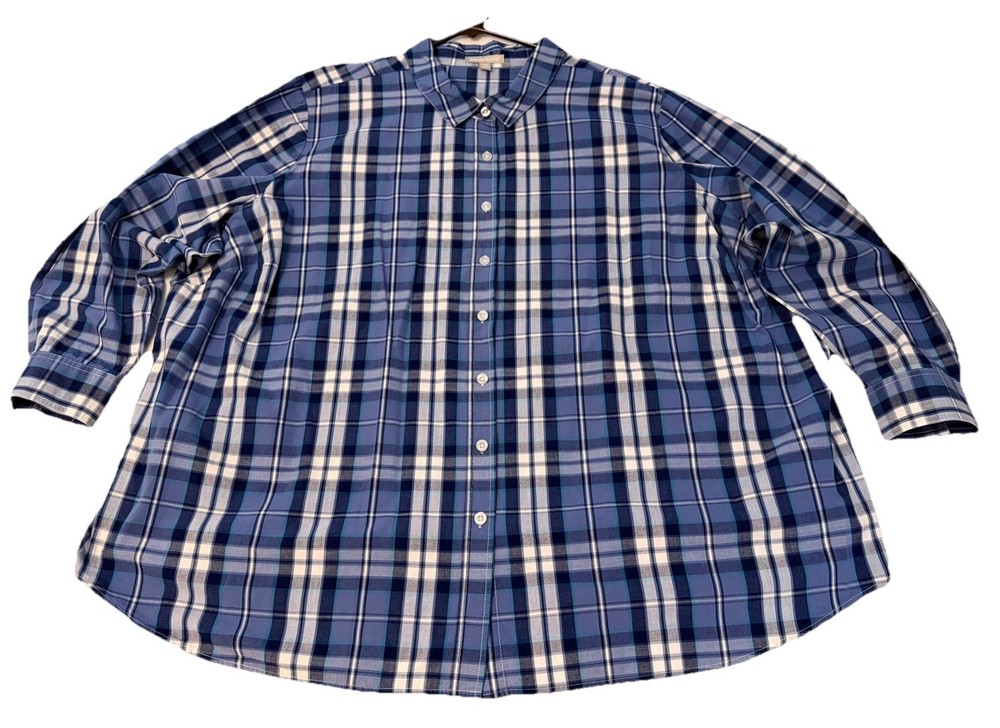 WOMAN WITHIN Women 3X 30/32 Plaid Button Up Shirt Long Sleeve Blue White
