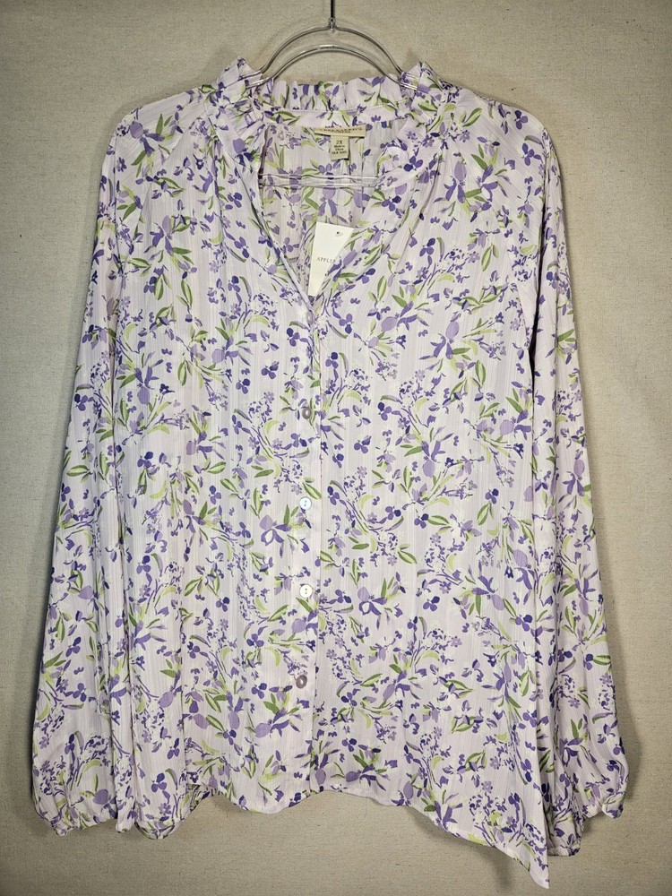 Appleseed's Women's 2X Long Sleeve Purple Floral Ruffle Button Up Blouse NWT