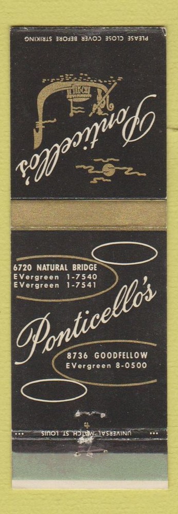 Matchbook Cover - Ponticello's Restaurant St Louis MO