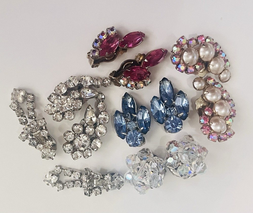 Vintage Estate Unsigned  Rhinestone Earrings Clip On Lot Of 6.