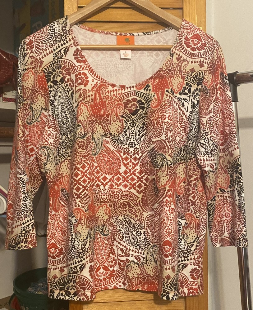 HEARTS of PALM Orange/Red/Black/Tan Paisley Geometric Printed Cotton Blend LARGE