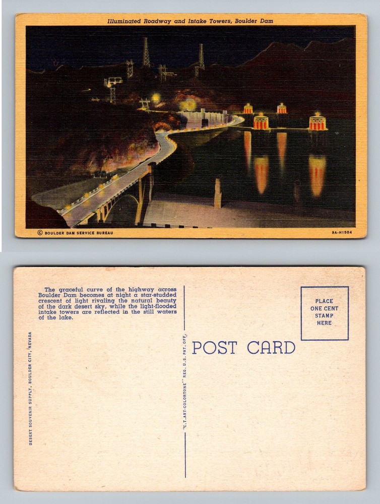 Boulder Dam, NV-Nevada, Intake Towers Illuminated At Night Vintage Postcard