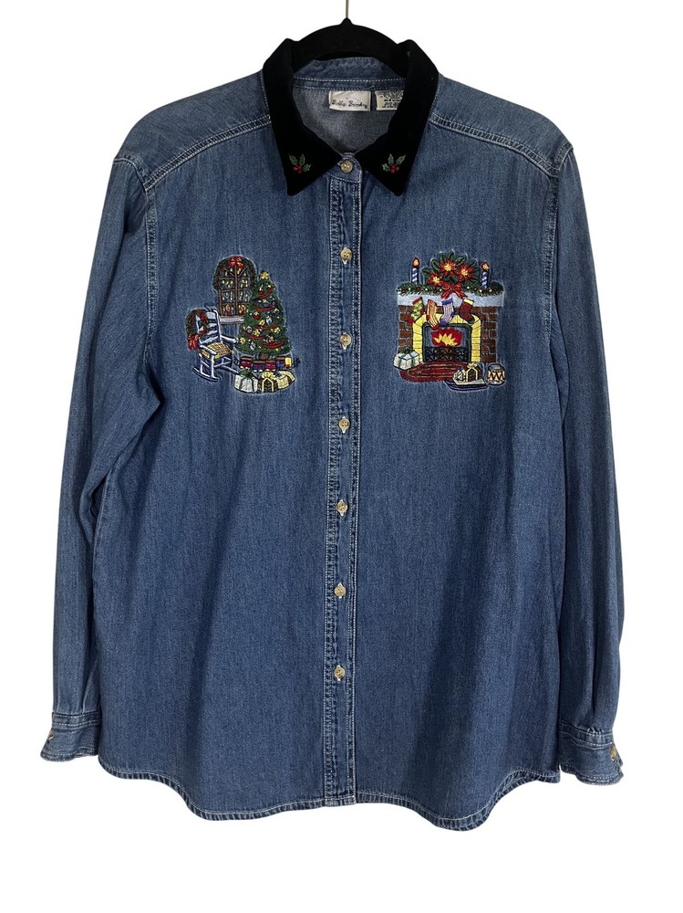 Vintage Denim Christmas Shirt Blue L Festive Holiday Embroidered Preppy 80s