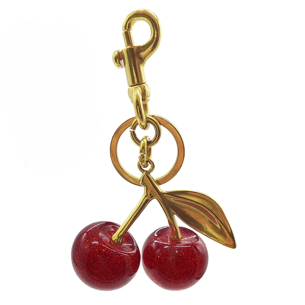 Cherry Bag Charms with Key Ring and Clip Glitter resin and metal Brass Red