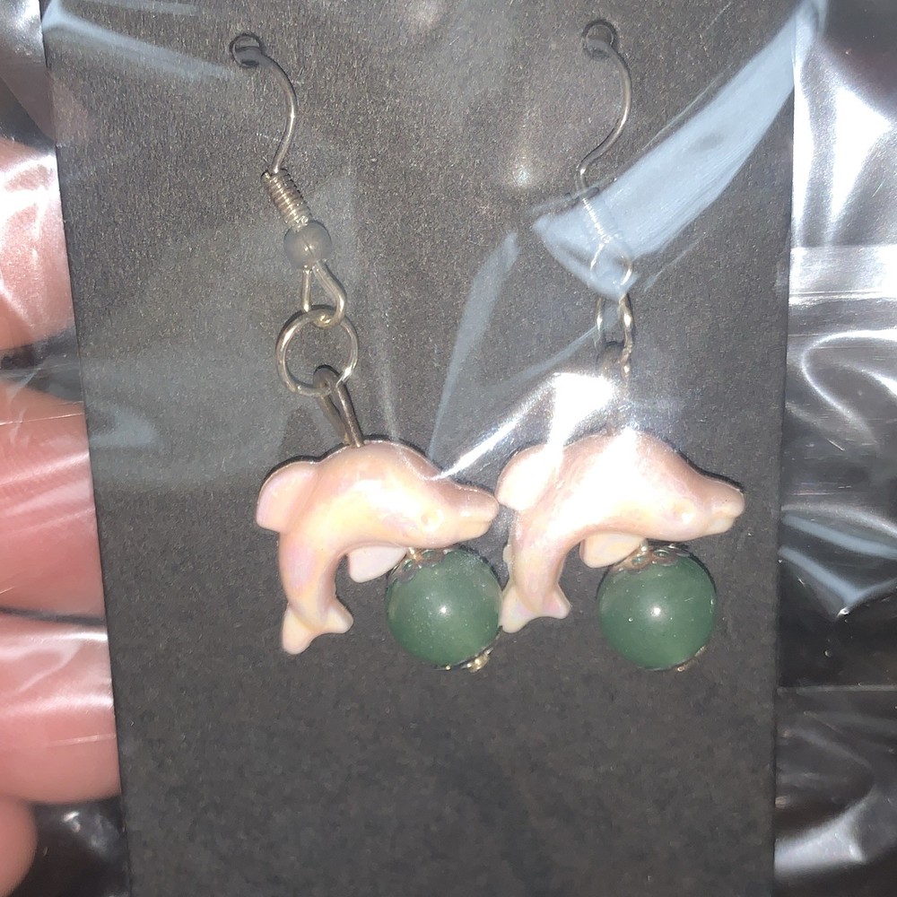 Handmade Pink Dolphin Dangle Hook Earrings Green Round Bead Plastic Women