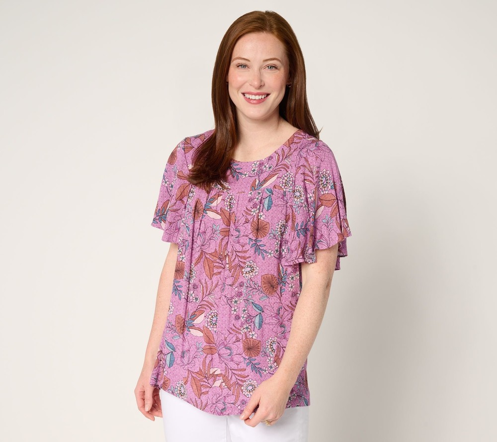 Susan Graver Women's Top Sz M PURE Printed Crinkled Woven Flutter Pink A691320