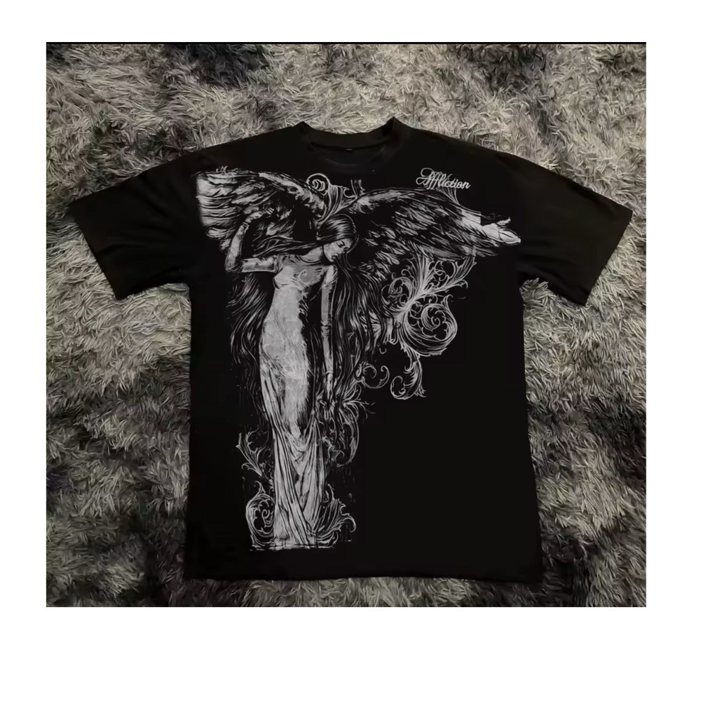 Y2K Affliction Angel Graphic Black Cotton Unisex T-Shirt S Short Crew Neck