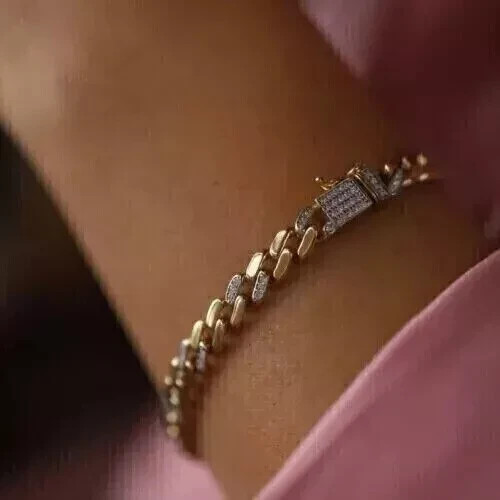 Women's Cuban link Bracelet 4 ct Round Tested Moissanite 14k Yellow Gold Plated