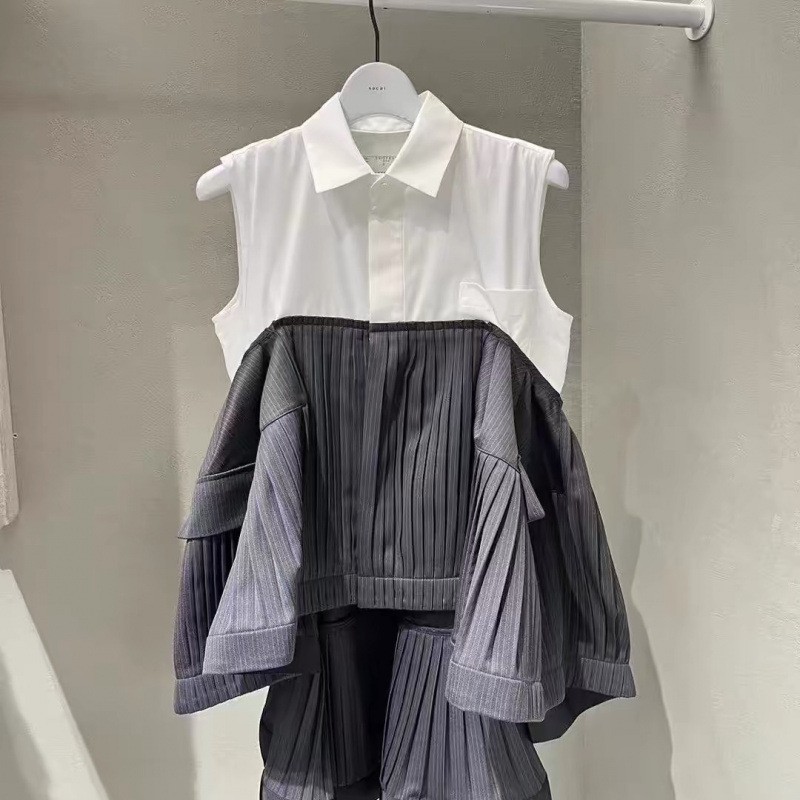 FOG SACAI Women's Collar Denim Patchwork Pleated Sleeveless Blouse New