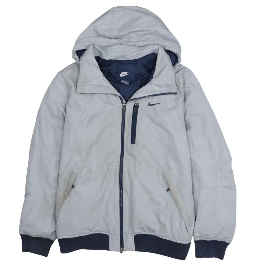 Nike Mens Windbreaker Jacket Grey Hooded Full Zip Zipped Pockets Logo Swoosh M