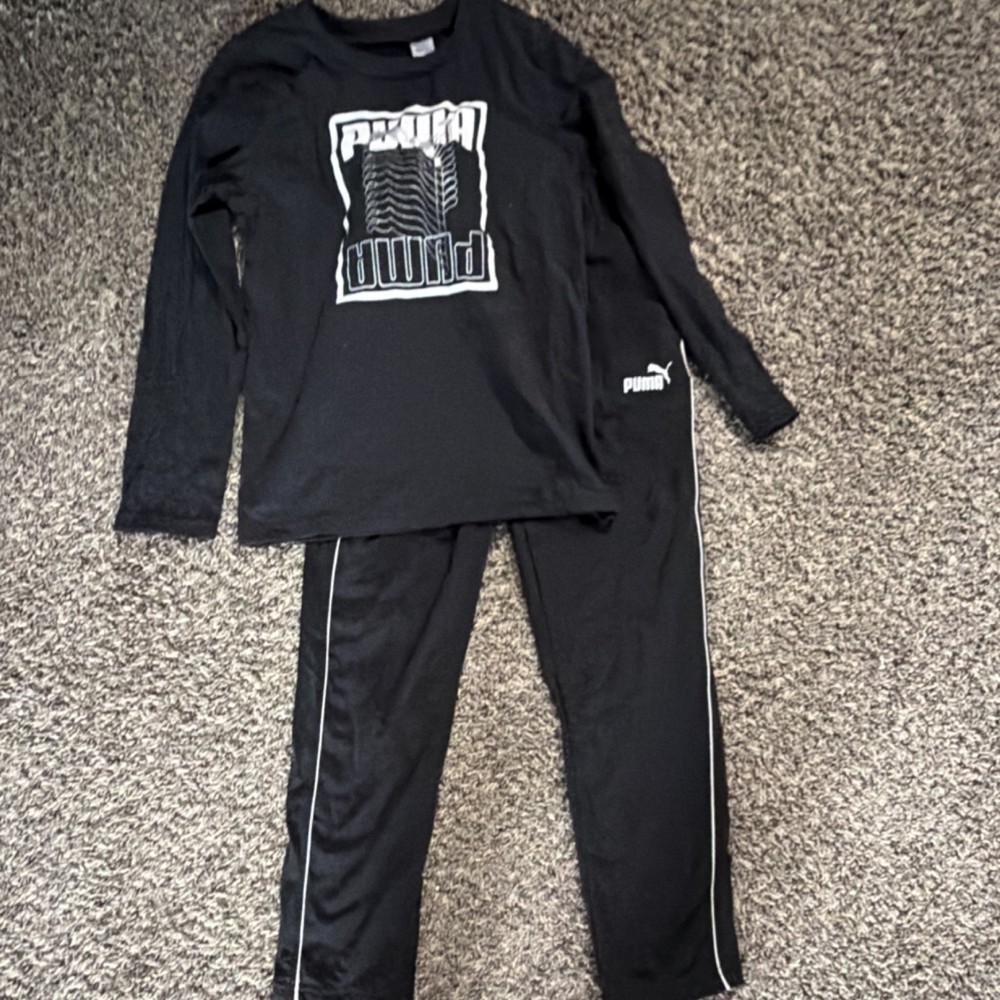 PUMA Boys Black 100% Cotton Activewear Outfit Set Long Sleeve Shirt Pants Size M